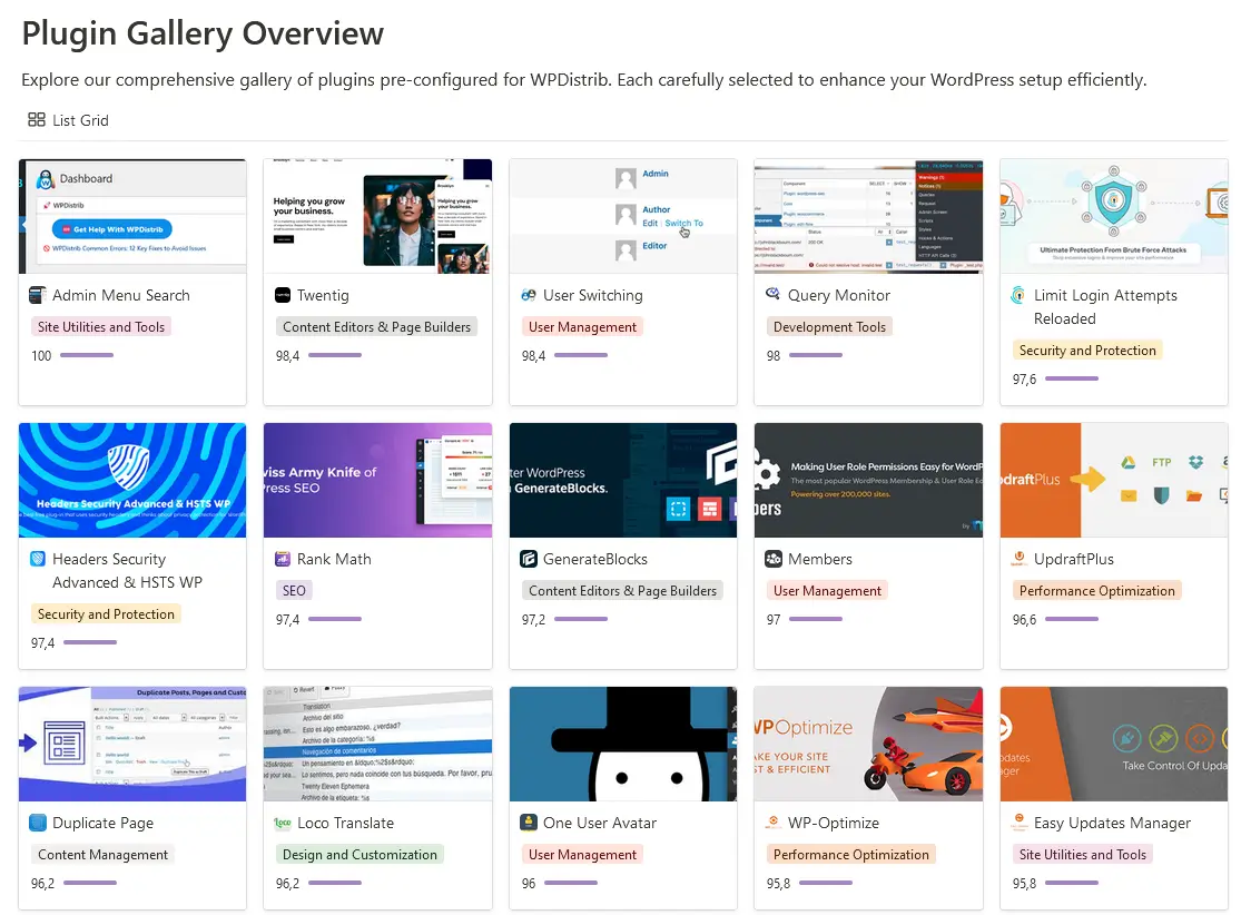 Assorted WordPress plugin stack displayed for enhanced site functionality on WPDistrib