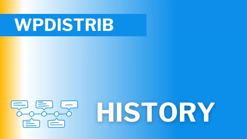 WPDistrib Version History 1 "WPDISTRIB DEVELOPMENT" history timeline displayed on a blue gradient background with a bold yellow stripe and dialogue bubble graphics.
