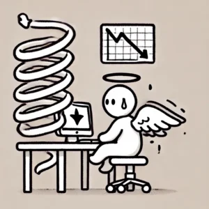 Cartoon Angel Character Struggling with User Attention Decline Cartoon angel character at computer, sweating with declining graph, representing loss of user attention