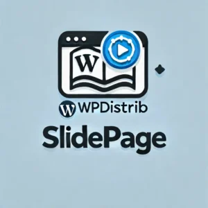 SlidePage by WPDistrib Logo SlidePage by WPDistrib logo on a blue background, representing the plugin for creating a slideshow using WordPress SlidePage.