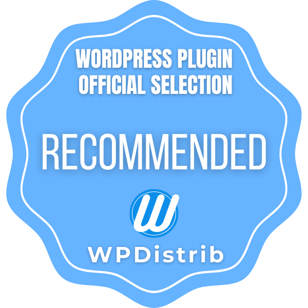 WPDistrib recommended badge – official selection for a WordPress plugin
