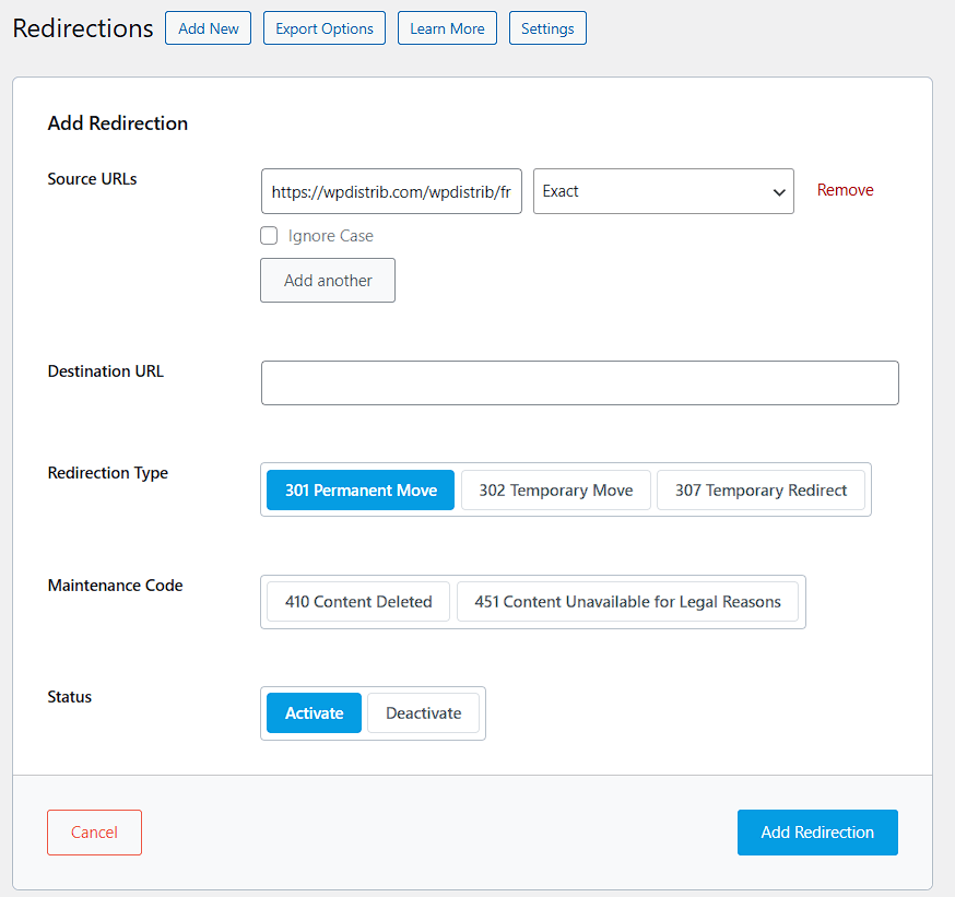 Example of setting up a 410 redirection in RankMath


